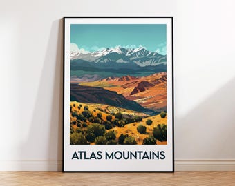 Poster van het Atlasgebergte, kunstprint van het Atlasgebergte, Atlasgebergte Marokko, vintage reisposter, poster van het Atlasgebergte Marokko