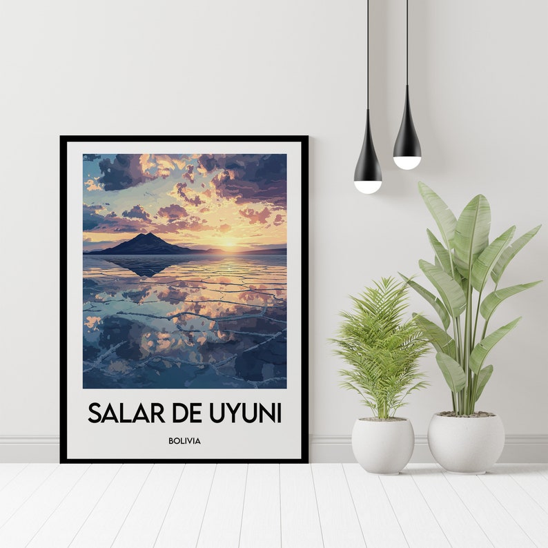 May include: A framed print of a scenic landscape featuring a mountain reflected in a body of water with a cloudy sky. The text "SALAR DE UYUNI" and "BOLIVIA" is printed below the image.