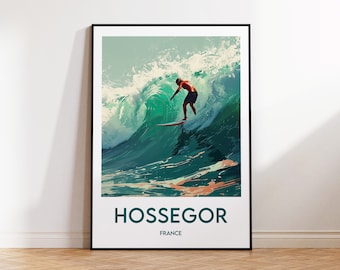Cartel de viaje de Hossegor, impresión de arte de Hossegor, ilustración de Hossegor, regalo de Hossegor, cartel de viaje vintage, cartel de surf de Francia