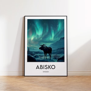 Poster di viaggio Abisko, Stampa d'arte Abisko, Parco Nazionale Abisko, Aurora Boreale Svezia, Poster di viaggio vintage, Aurora boreale