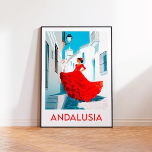 Può includere: Un'illustrazione colorata di una donna con un vestito rosso da flamenco che balla in una strada con muri bianchi in Andalusia, Spagna. Il testo "Andalusia" è stampato sotto l'immagine.