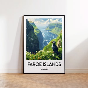 Cartel de viaje de las Islas Feroe, Impresión de arte de las Islas Feroe, Ilustración de Færøerne, Regalo de las Islas Feroe Dinamarca, Cartel de viaje vintage