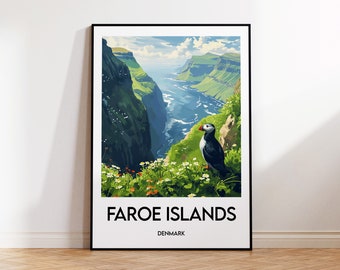 Faroe Islands Travel Poster, Faroe Islands Art Print, Færøerne Illustration, Faroe Denmark Islands Gift, Vintage Travel Poster