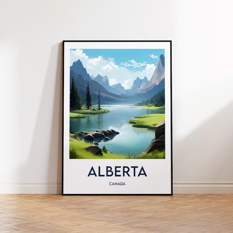 May include: A poster featuring a scenic view of a lake and mountains in Alberta, Canada. The poster has a blue sky with white clouds and a blue lake with green grass and trees. The text "ALBERTA CANADA" is at the bottom of the poster.