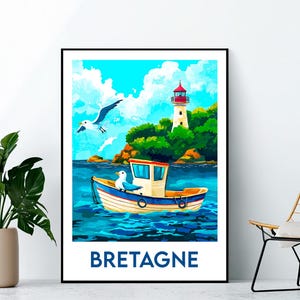 Brittany Poster, Brittany Art Print, Brittany France customizable, Vintage Travel Poster, Brittany seagull Gift, Brittany France Poster