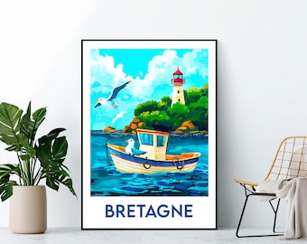 Bretagne Poster, Bretagne Art Print, Bretagne France customizable, Vintage Travel Poster, Bretagne mouette Gift, Affiche Bretagne France
