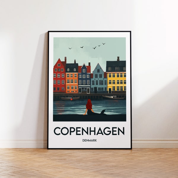 Kopenhagen Geschenk, Kopenhagen Kunstdruck, Kopenhagen Poster, Meerjungfrau von Kopenhagen, Vintage Reiseposter