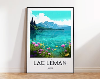 Lake Geneva Poster, Lake Leman Print, Lake Geneva Illustration, Geneva Switzerland Gift, Vintage Travel Poster, Lake Geneva Switzerland Poster