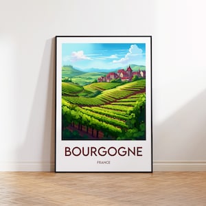 Op de afbeelding: Een vintage reisposter met een schilderachtig landschap van glooiende groene heuvels met wijngaarden en een klein dorp in de verte. De poster heeft de tekst "BOURGOGNE FRANCE" onderaan.