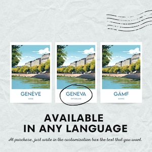 May include: Three art prints featuring a scenic view of Geneva, Switzerland, with a lake and buildings. The prints are labeled "GEN&Egrave;VE", "GENEVA", and "G&Auml;MF". Text at the bottom reads "AVAILABLE IN ANY LANGUAGE".