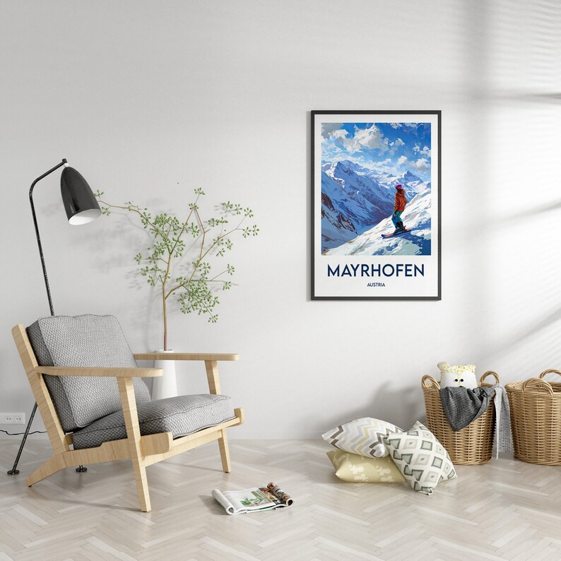 May include: A framed poster with a scenic view of snow-capped mountains and a skier in the foreground. The poster is titled "MAYRHOFEN, AUSTRIA".