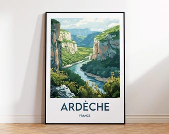 May include: A vintage travel poster featuring a scenic view of a river winding through a canyon in the Ardèche region of France. The poster has a blue and white color scheme with the text "Ardèche France" at the bottom.