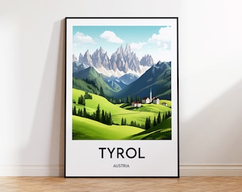 Poster del Tirolo, Stampa del Tirolo, Illustrazione del Tirolo, Poster di viaggio vintage
