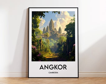 Póster de Angkor, impresión artística de Angkor Wat, templo de Angkor en Camboya, regalo de Camboya, póster de viaje vintage, póster del templo de Bayón