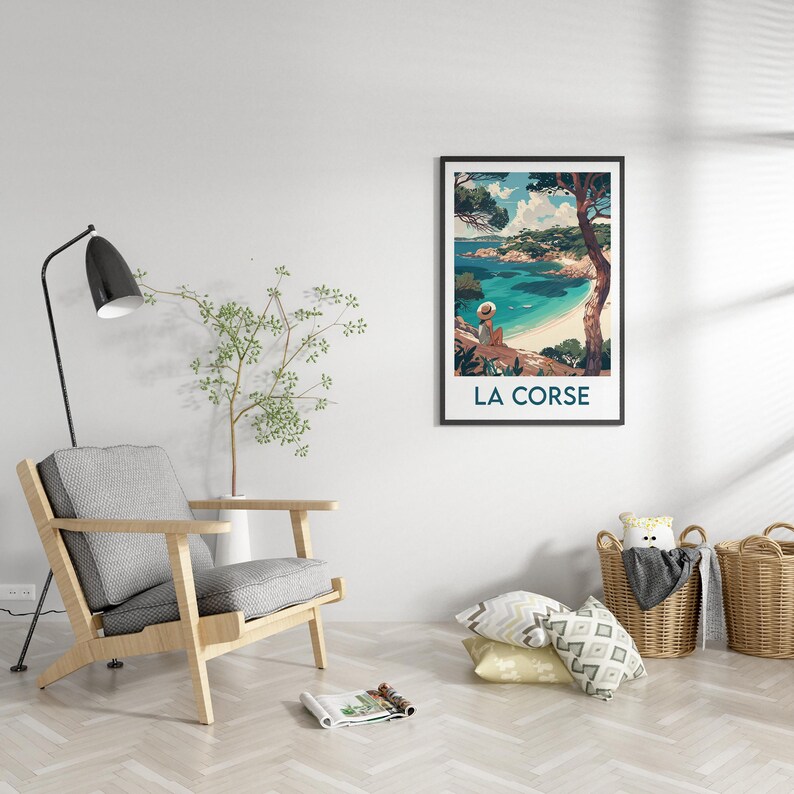 May include: A vintage travel poster featuring a woman sitting on a cliff overlooking a turquoise bay with a beach and pine trees. The poster is framed in black and has the text "LA CORSE" at the bottom.