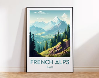 French Alps Print, The French Alps Poster, Alps Wall Art, The Alps Retro Travel Poster - Unframed