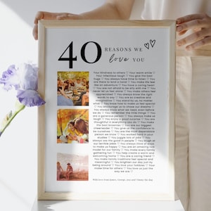 Modèle d'affiche 40 raisons pour lesquelles nous t'aimons avec photos, cadeau de 40e anniversaire pour lui ou elle, décoration personnalisée de 40e anniversaire modifiable, imprimable