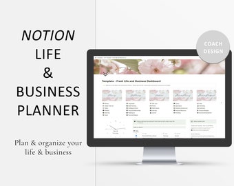 May include: A computer screen displaying a Notion template for a Fresh Life and Business Dashboard. The template includes sections for planning, organizing, and tracking goals, tasks, and projects. The screen is surrounded by a white background with the text "NOTION LIFE & BUSINESS PLANNER" and "Plan & organize your life & business" in black text.
