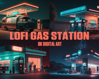 Anime Lofi Gas Station | 8K Desktop Wallpaper | Poster Digital Artwork | Wall Art | PRINTABLE Wall Art | Digital Print