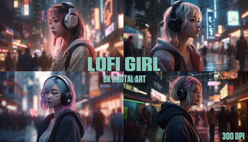 May include: A digital art illustration of a young person wearing headphones and a hoodie, walking through a city street at night. The image is titled "LOFI GIRL 8K DIGITAL ART 300 DPI".
