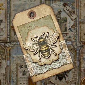 May include: A collection of vintage-style tags with a bee theme. The central tag features a wooden bee over a lace-trimmed design. Other tags include honey-related imagery, dried flowers, and the text "Queen Bee" and "Honey". The color palette is muted with beige, brown, and blue tones.