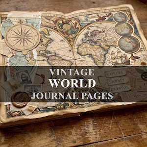 May include: Open vintage journal pages with world maps, compass rose, and globe stickers. The text "VINTAGE WORLD JOURNAL PAGES" is overlaid on the image. The pages have a weathered, antique look.