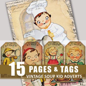 Junk-Journal Seiten Tags Vintage Essen Suppe Kinder Werbung Anzeigen im Alter von digitaler Download Ephemera druckbare Scrapbook Bundle Kit Verschönerung