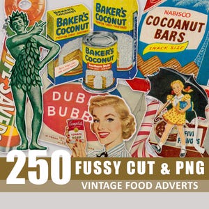 Junk Journal Fussy Cut Clip Art Anúncios de comida vintage Anúncios Baixar páginas para impressão Folhas Impressões Diários Colagem Scrapbook mais PNG
