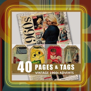 Junk Journal Pages Tags 1960s 60s Advertising Ads Aged Digital Download Ephemera Printable Scrapbook Bundle Kit Embellishment Grunge Old