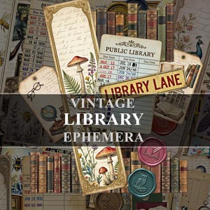 Może przedstawiać: Kolaż zabytkowych efemeryd bibliotecznych, w tym zakładek, starych okładek książek i znaku z napisem "Library Lane". Projekt zawiera ilustracje grzybów, pszczół i elementów botanicznych. Tekst "VINTAGE LIBRARY EPHEMERA" jest wyraźnie widoczny.