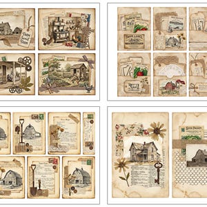 May include: A collection of vintage-style paper ephemera featuring farm and country themes. The images include illustrations of barns, houses, keys, and garden tools, with text elements like "Farm Sweet Farm" and seed packet labels. The color palette is primarily sepia and cream.