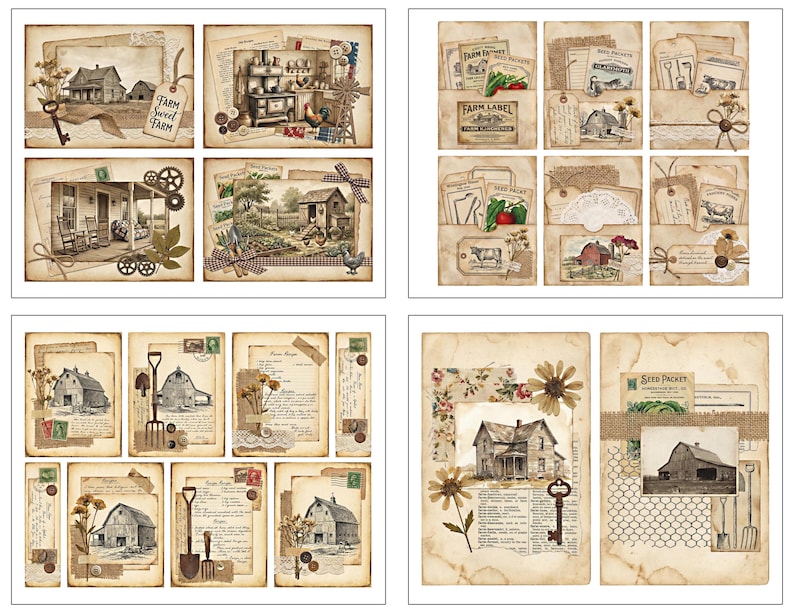 May include: A collection of vintage-style paper ephemera featuring farm and country themes. The images include illustrations of barns, houses, keys, and garden tools, with text elements like "Farm Sweet Farm" and seed packet labels. The color palette is primarily sepia and cream.