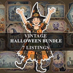 May include: A digital illustration of a smiling person wearing a black and orange witch costume with a pointed hat, surrounded by a collage of Halloween-themed tags featuring ghosts, pumpkins, and gravestones with the text VINTAGE HALLOWEEN BUNDLE 7 LISTINGS.
