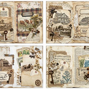 May include: A collection of four scrapbook pages with a vintage farmhouse theme. Each page features aged paper, burlap, keys, buttons, and botanical elements. Images include farm animals, houses, and the text "FARM FRESH" and "HOMEGROWN".