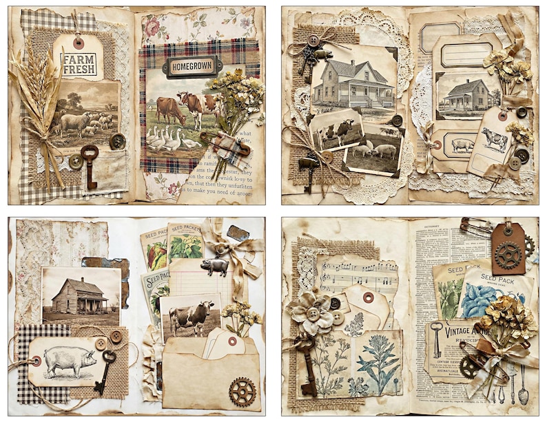 May include: A collection of four scrapbook pages with a vintage farmhouse theme. Each page features aged paper, burlap, keys, buttons, and botanical elements. Images include farm animals, houses, and the text "FARM FRESH" and "HOMEGROWN".
