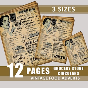 Junk-Journal Lebensmittel Vintage Lebensmittelgeschäft Anzeigen Kreiswerbung Digital Download Ephemera druckbare Scrapbook Verzierungen Kit Papiere
