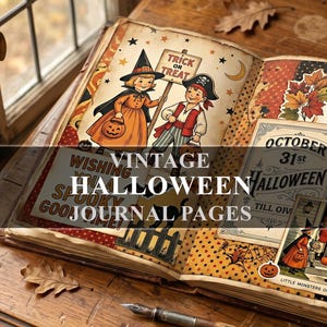 Puede incluir: Páginas abiertas de un diario vintage de Halloween con ilustraciones de niños disfrazados, calabazas y el texto "Trick or Treat". El diario está sobre una superficie de madera con una pluma y hojas de otoño.