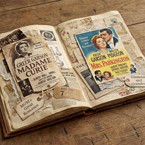 May include: An open vintage scrapbook featuring film posters for "Madame Curie" and "Mrs. Parkington." The pages are aged with torn edges, and include tags that read "MGM's Great Romance" and "Glamour and Grandeur."