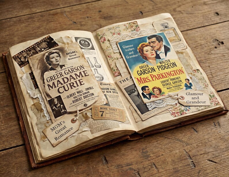 May include: An open vintage scrapbook featuring film posters for "Madame Curie" and "Mrs. Parkington." The pages are aged with torn edges, and include tags that read "MGM's Great Romance" and "Glamour and Grandeur."