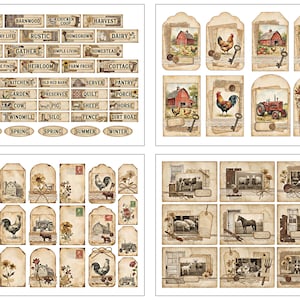 May include: A collection of vintage-style paper tags and labels with a farmhouse theme. The tags feature illustrations of barns, roosters, tractors, and farm animals. Labels include words like "Farmhouse," "Harvest," and "Autumn."