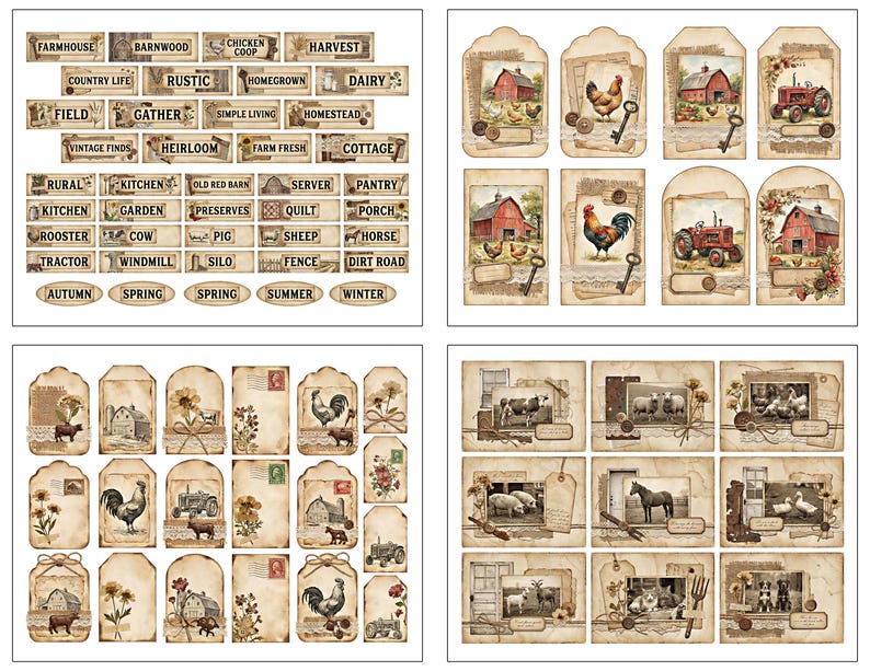 May include: A collection of vintage-style paper tags and labels with a farmhouse theme. The tags feature illustrations of barns, roosters, tractors, and farm animals. Labels include words like "Farmhouse," "Harvest," and "Autumn."