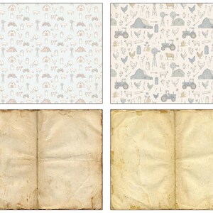 May include: Two patterned backgrounds with a farm theme and a vintage book. The top left background is light blue with repeating illustrations of barns, tractors, and animals in brown and peach. The top right background is off-white with similar illustrations in blue and gray. The bottom shows an open book with aged paper.