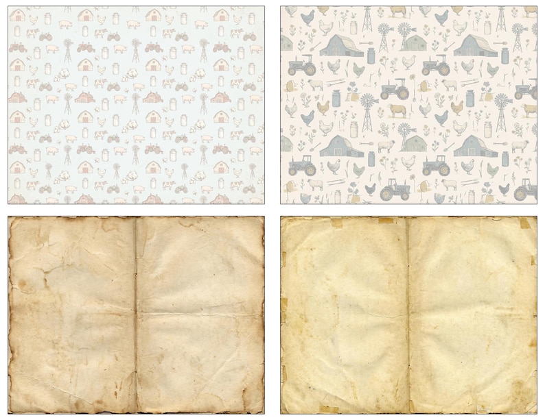 May include: Two patterned backgrounds with a farm theme and a vintage book. The top left background is light blue with repeating illustrations of barns, tractors, and animals in brown and peach. The top right background is off-white with similar illustrations in blue and gray. The bottom shows an open book with aged paper.