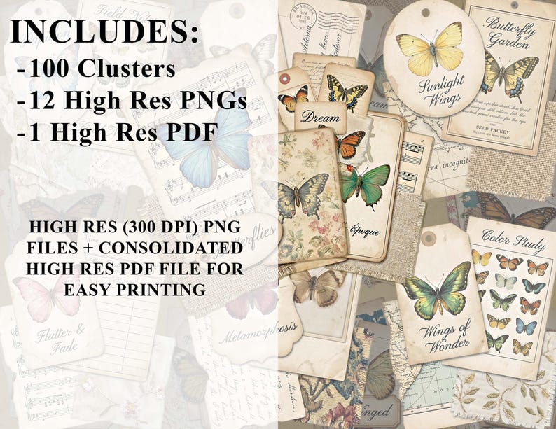 Butterfly Junk Journal Vintage Clusters Butterflies Ephemera (digital ...