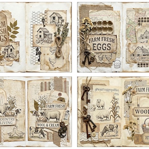 May include: A collage of vintage-style farm-themed scrapbook pages. The pages feature illustrations of farm animals, barns, and text like "Farm Fresh Eggs," "Country Living," and "Wool & Cream." The color palette is primarily sepia tones.