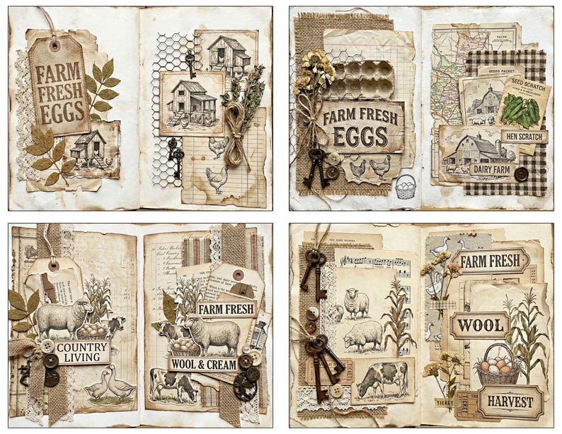 May include: A collage of vintage-style farm-themed scrapbook pages. The pages feature illustrations of farm animals, barns, and text like "Farm Fresh Eggs," "Country Living," and "Wool & Cream." The color palette is primarily sepia tones.