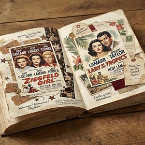 May include: An open vintage scrapbook with film posters, tickets, and tags. The pages display posters for "Ziegfeld Girl" and "Lady of the Tropics." Decorative elements include star-shaped embellishments and film strips. The theme is vintage Hollywood.
