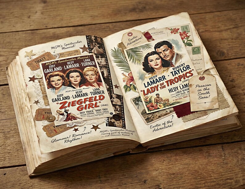 May include: An open vintage scrapbook with film posters, tickets, and tags. The pages display posters for "Ziegfeld Girl" and "Lady of the Tropics." Decorative elements include star-shaped embellishments and film strips. The theme is vintage Hollywood.