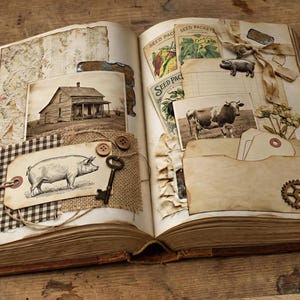 May include: An open vintage book with farm-themed scrapbook pages. The pages feature sepia-toned images of a house, pig, and cow, along with seed packets, buttons, and a key. The overall aesthetic is rustic and nostalgic.