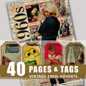 Junk-Journal Seiten Tags 1960er 60er Jahre Werbung Anzeigen im Alter von digitaler Download Ephemera druckbare Scrapbook Bundle Kit Verschönerung Grunge alt
